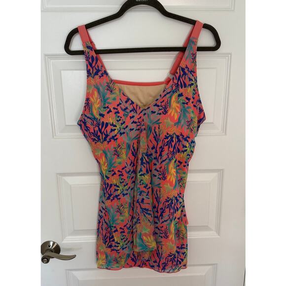 D & Co Beach Coral Tropical Print Tankini Swim Top Women’s 16 Adjustable Straps - Picture 1 of 9